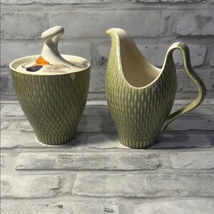 Vintage Red Wing MCM Elegant Cream and Green Ceramic Pitcher and Sugar Bowl Set